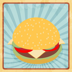 Fast food hamburger illustration retro grunge. Flat vector.