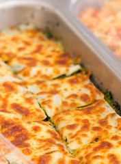 Lasagna spinach with aluminum tray in market.