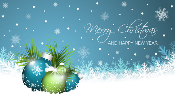 Christmas vector greeting card. Christmas baubles, pine-needles and snowflakes.