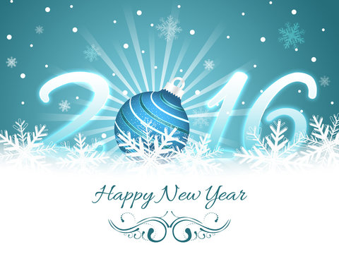 Happy New Year greeting card 2016. Glare, bauble and snowflakes, vector illustration.