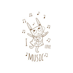 Children's postcard with cartoon little rabbit  listening to music in earphones. Vector image.