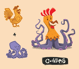 Vector Funny Mutant Hybrid, Cock plus Octopus. Cartoon image of a funny mutant hybrid of orange cock and purple octopus on a light pink background.