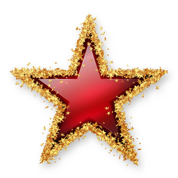 Stern Symbol mit goldenem Rahmen aus Sternchen und rubinrotem Stein und sanftem Schatten - Rubin - Edelstein, Weihnachtsstern, Jubiläum, Dekoration
