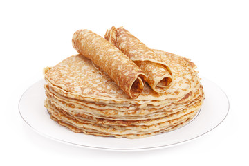 Stack of pancakes on a plate, white background - 94702385