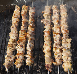 Barbecue meat - the ingredient of famous Vietnamese noodle soup with BBQ meat, spring roll, vermicelli and fresh vegetable (called 'Bun Cha' in Vietnamese)