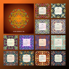 square calendar 2016. Oriental colorful patterns, vector illustration.