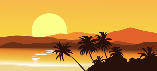 Sunset in the tropical hills with silhouettes of palm trees. Vector illustration.