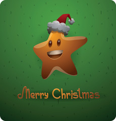Vector Christmas Card with funny star in a hat. Image of a Christmas card with a funny gold star in a red Santa's hat  smiling on a green background. In the theme of Christmas and New Year.
