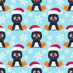 Christmas Cartoon Penguin Seamless Vector Pattern