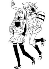 College girl selfie,illustration,ink,black and white,logo,outline,isolated on a white