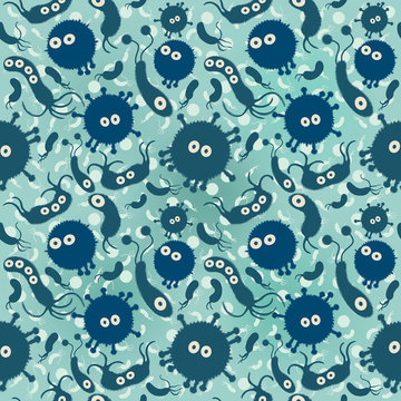 Microorganisms. Seamless vector pattern with the viruses, bacterias, microbes.