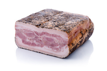 Pressed bacon with pepper, isolated on white background