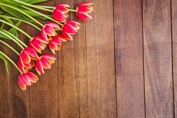 Few beautiful red flowers against wood plank