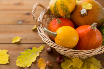 close up of pumpkins in basket on wooden table