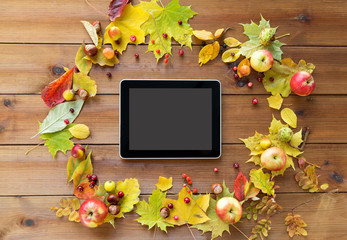 tablet pc with autumn leaves, fruits and berries
