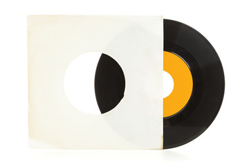 Vinyl record coming from old blank sleeve isolated on white