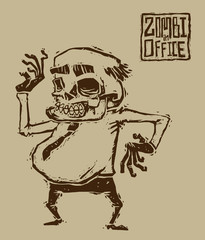 Fototapeta na wymiar Vector Fat zombie in office. Cartoon image of a fat zombie in a shirt and tie in office. Stylized engraving. Brown color on a gray background.
