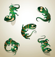 Naklejka premium Vector Set of funny green lizards. Cartoon image of five funny green lizard on a light background.