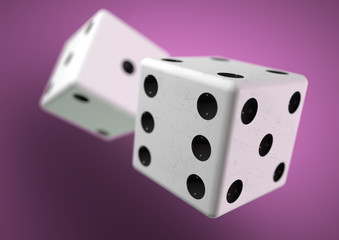 Two die (dice) captured rolling in mid air. Throwing dice in cas