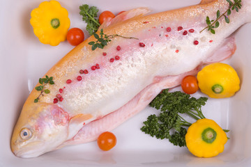 golden trout gutted fish with herbs, cherry tomatoes, squash, herbs in a dish for baking. view from above, from the side, the free space for the inscription.