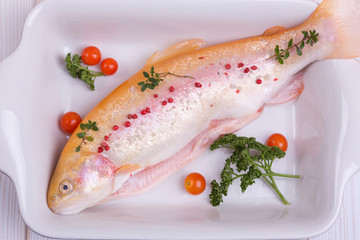 golden trout gutted fish with herbs, cherry tomatoes, squash, herbs in a dish for baking. view from above, from the side, the free space for the inscription.