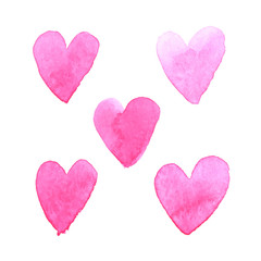 Set of watercolor hearts for romantic post card.