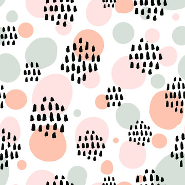 Abstract pastel seamless pattern with black marker strokes. Light blue and pink colors, spring summer fashion trendy background. Ovals and circles with hand drawn marks, vector texture