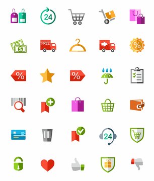 Online shop, payment, delivery, colored icons. 