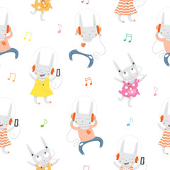 Vector seamless pattern with cartoon rabbits listening to music on white background.