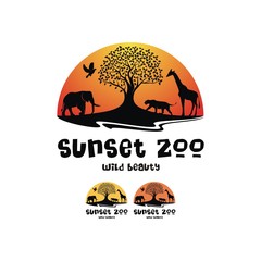 Obraz premium Sunset Zoo Logo Design. Visual drawing silhouette of animal in safari with wild and sunset background for vector illustration,travel concept