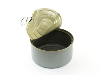close up single open empty aluminum can (foods processed) and bent lid with pull ring isolated on white background, packaging for food preservation