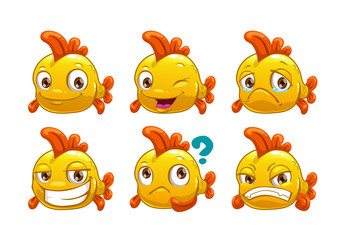 Funny cartoon yellow fish with different emotions