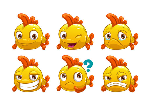 Funny cartoon yellow fish with different emotions