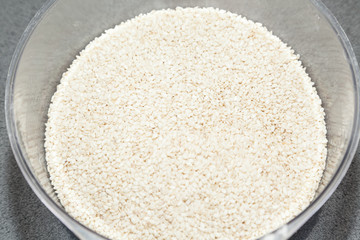 Closeup of white sesame seed kernels