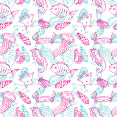 Cartoon seamless pattern with sea animals.