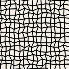 Vector Seamless Black & White Distorted Perpendicular Line Grid Mosaic Pattern