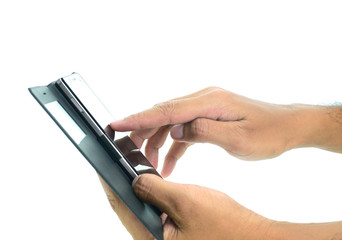 Hand holding smart phone isolated on white background