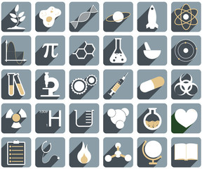 A set of different science icons in grey color.