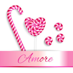 Pink sweets. Striped candy in the form of a circle and heart.