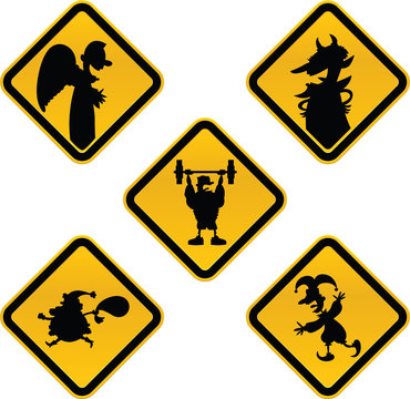 A set of funny cartoon caution signs featuring an angel, devil, Santa, a jester and a weightlifter. 