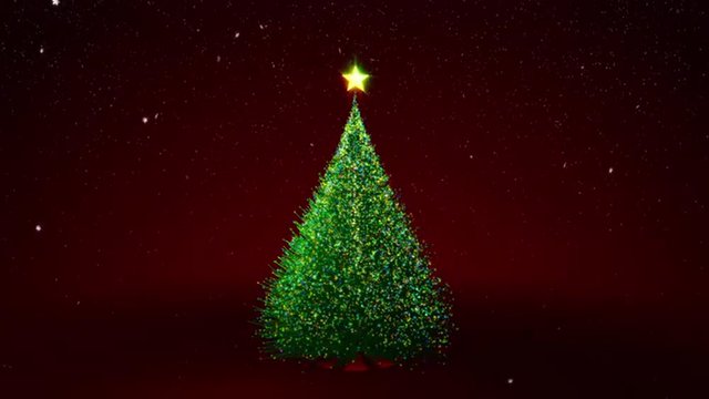Christmas tree with color lights in tree. Falling snowflakes and stars on red background. Extremely detailed image at 4K resolution