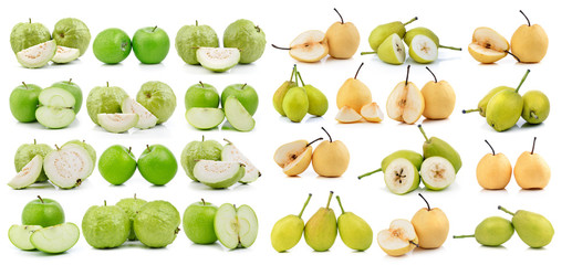 guava  apple and pear on white background
