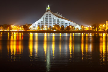 Latvian National Library at night, Riga, Latvia