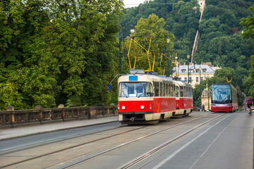 Fototapeta na wymiar Prague red Tram detail, Czech Republic