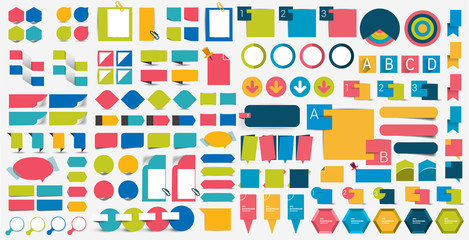 Mega set infographics flat design elements, schemes, charts, buttons, speech bubbles, stickers. Vector illustration.