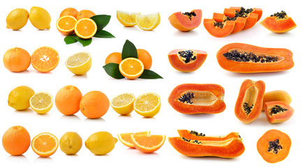 Fresh lemon Orange fruit and papaya on white background