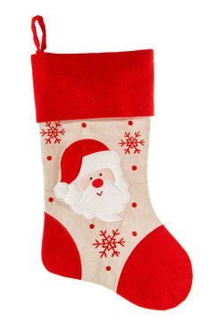 Christmas stocking. Red sock. Santa Claus and Snowflakes