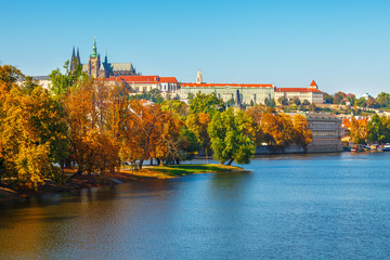 Autumn Prague castle over river Vltava Czech Republic