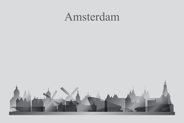 Fototapeta premium Amsterdam city skyline silhouette in grayscale