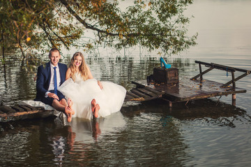 Wedding couple and lake